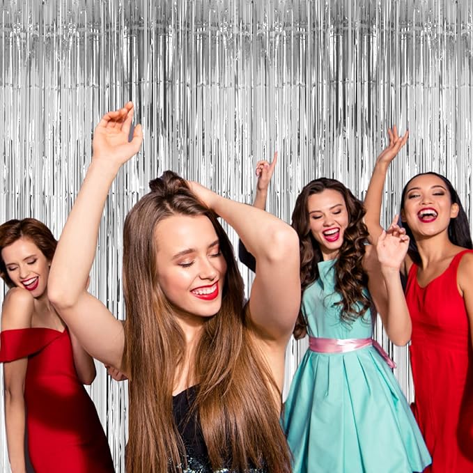3 Pack 3.3x8.2 Feet Silver Foil Fringe Backdrop Curtains, Tinsel Streamers Birthday Party Decorations, Fringe Backdrop for 2025 New Years Eve, Graduation, Baby Shower, Gender Reveal