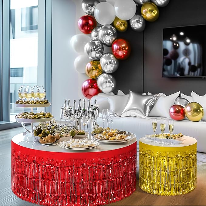 3 Pack Red Green Gold Table Skirts, 29x108" Metallic Foil Tinsel Fringe Table Skirt for Rectangle Tables Streamer Curtains Backdrop, Party Decorations for Birthdays, Weddings, Holidays