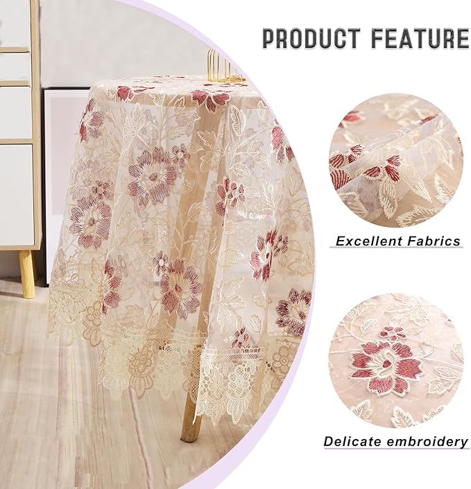 Lace Floral Tablecloth Round Lace Vintage Decorative Exquisite Border Table Cover for Party Wedding Home Decorations, Round-48, Red