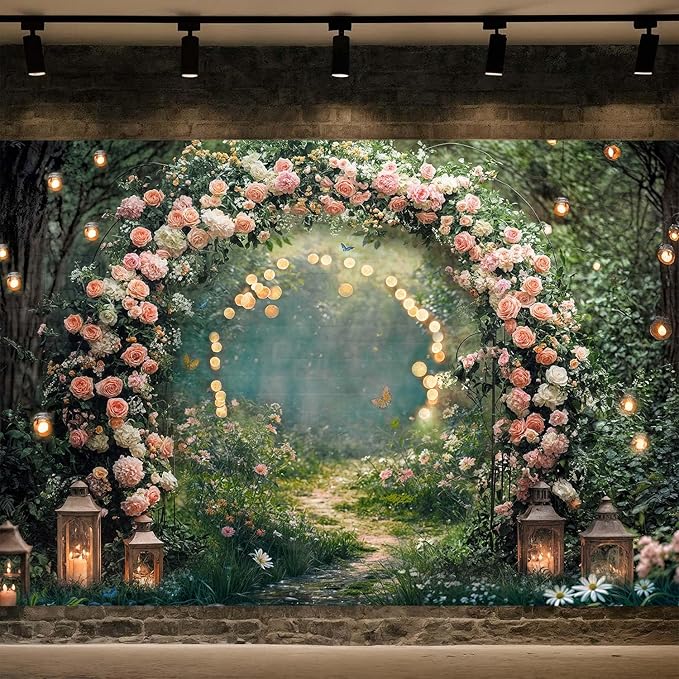6x4ft Enchanted Forest Wedding Photography Backdrop Wonderland Roses Fairy Tale Backdrop Pink Flower Birthday Newborn Baby Shower Wedding Bridal Party Banner Photo Booth Props Anniversary Background