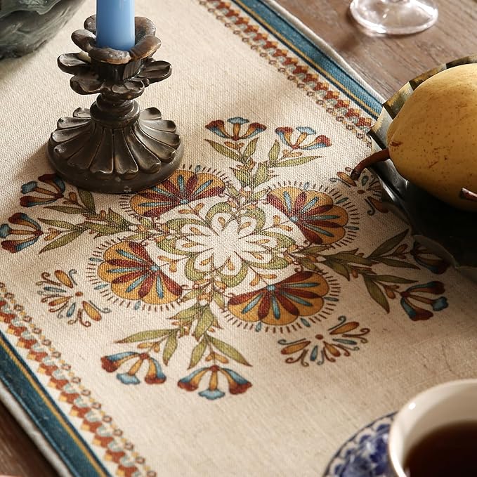 patdrea Designer Beige Farmhouse Geometric Patterned Linen Table Runner 102 Inch Long,Wrinkle Resistant Table Mat,Decoration for Kitchen Dining and Coffee Tables Banquet Christmas ,12"x102"