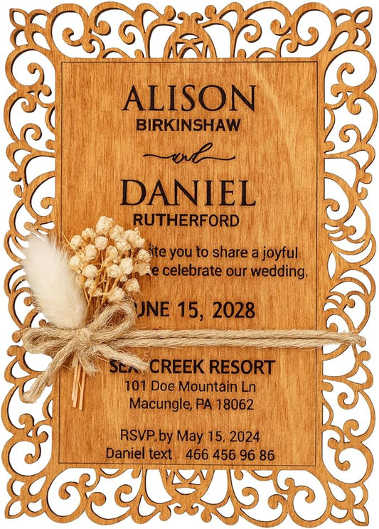 Personalized Wedding Invitations, Laser Cut Wedding Invitation, Flower Wooden Invitations with Envelopes & Stickers, Easy Personalization, 5 Different Color Options