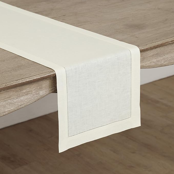 Solino Home Linen Ivory Table Runner 36 Inches - Classic Hemstitch, 100% Pure Linen Coffee Table Runner 14 x 36 Inch Ideal for Dresser Tables - Fall, Halloween, Thanksgiving, Christmas, Holiday