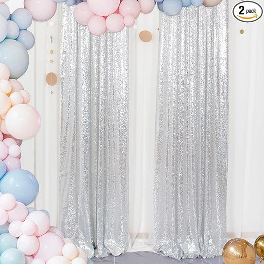 ShinyBeauty Sequin Curtains 2 Panels Silver 2FTx8FT Sequin Photo Backdrop Silver Sequin Backdrop Curtain Pack of 2-1011E
