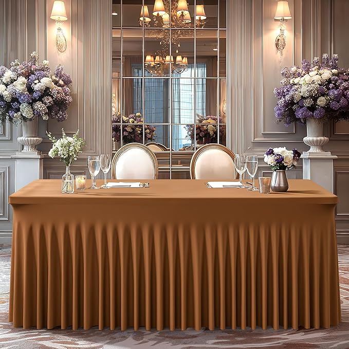 Wish Care 2 Pack Brown Spandex Table Clothes for 6 Foot Rectangle Tables, 6FT Wrinkle Free Fitted Tablecloths Ruffles Design Table Cover for Party, Banquet, Wedding and Events