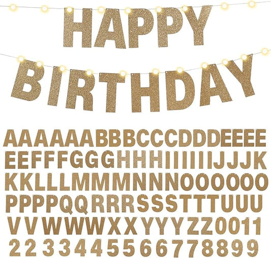 TaoBary 112 Pcs DIY Letter Kit Glitter Customizable Banner Letters Include 107 Letters and Numbers 3 Rope and 2 Needles for Birthday Halloween Christmas Wedding Valentine Party Decor(Champagne Gold)