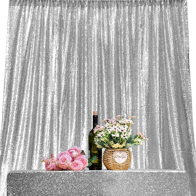 Silver Sequin Backdrop Curtains 4 Panels 2FTx8FT Wedding Photo Backdrop Glitter Birthday Bridal Party Curtains Sparkle Background Party Decor Curtains