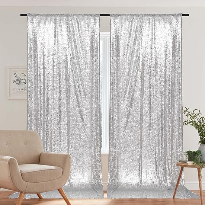 PartyDelight Sequin Backdrop Curtains 2 Panels Silver 5Ft x 10Ft Photograph Back Drop Wedding Curtain Special Events