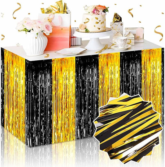 3 Pack 29 x108 Inch Black and Gold Foil Fringe Table Skirts Metallic Banner for Tinsel Streamer Garland Backdrop for Parade Floats Mother's Day, Graduate, Birthday, Wedding Party Decoration
