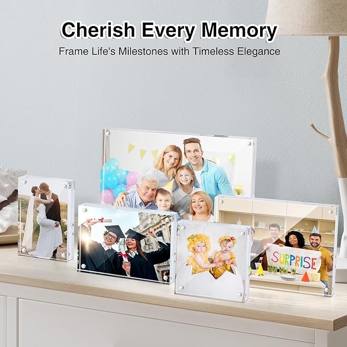 HOUSE DAY Acrylic Picture Frames 4x4, 6 Pack Magnetic 4 x 4 Picture Frame, Double Sided Clear 4x 4 Photo Frame with Microfiber Cloth, Frameless FreeStanding 4x4 Frame Gift for Desktop Display