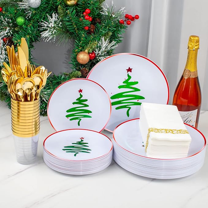 Supernal 350pcs Christmas Plastic Dinnerware Set,Christmas Plastic Plates,Gold Plastic Silverware,Gold Plastic Cups,Plastic Plates with Christmas Tree Design Suit for 50 Guests Perfect for Christmas
