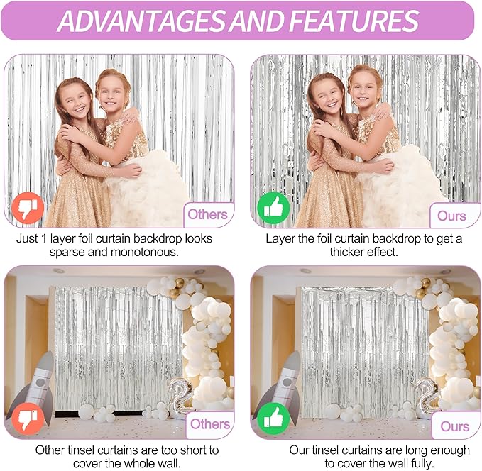 Crosize 2 Pack 3.3 x 9.9 ft Silver Foil Fringe Backdrop Curtain, Streamer Backdrop Curtains, Streamers Birthday Party Decorations, Tinsel Curtain for Parties, Photo Booth Backdrops, Party Décor