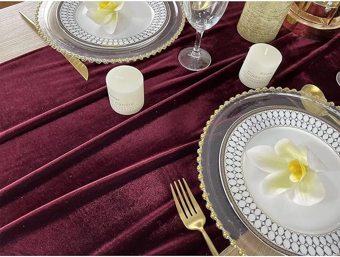 Luxurious Velvet Table Runner, 10ft Wedding Reception Decorations, 20x120inch Soft Velvet Fabric, Table Linen Overlay, Wedding Table Runners (Burgundy, 20X120inch, 2pack)
