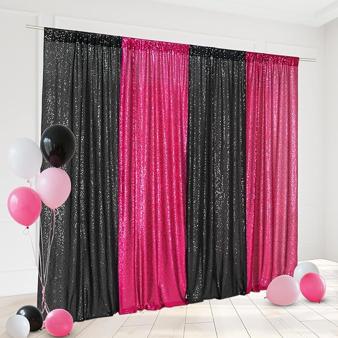 Eternal Beauty Black and Hot Pink Backdrop 4 PCS-2x8 Ft Sequin Curtain Panels for Christmas Party, Birthday