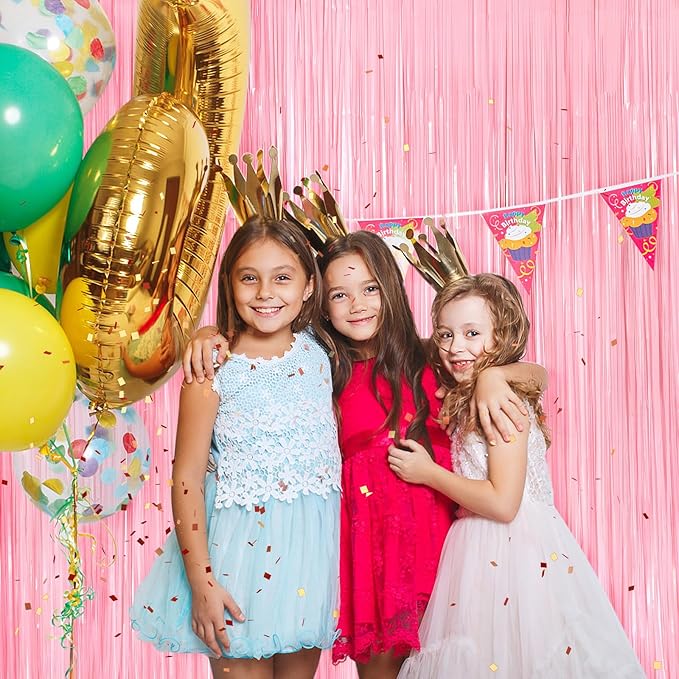 Pastel Pink Metallic Tinsel Foil Fringe Curtains, 2 Pack 3.3x8.3 Feet Streamer Backdrop Curtains for Birthday Party Decorations, Halloween Decor, Foil Curtain Backdrop for Bachelorette Party