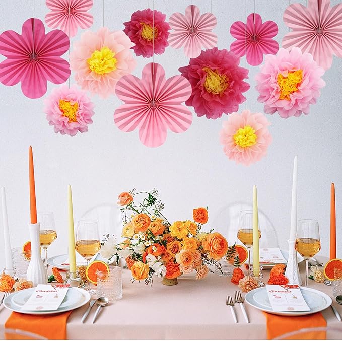 BestoFun 12PCS Paper Flowers Fans Hot Pink Party Decorations Tissue Paper Flowers Decorations for Girl Groovy Birthday Baby Shower Wedding Bachelorette Room Wall Hanging Décor