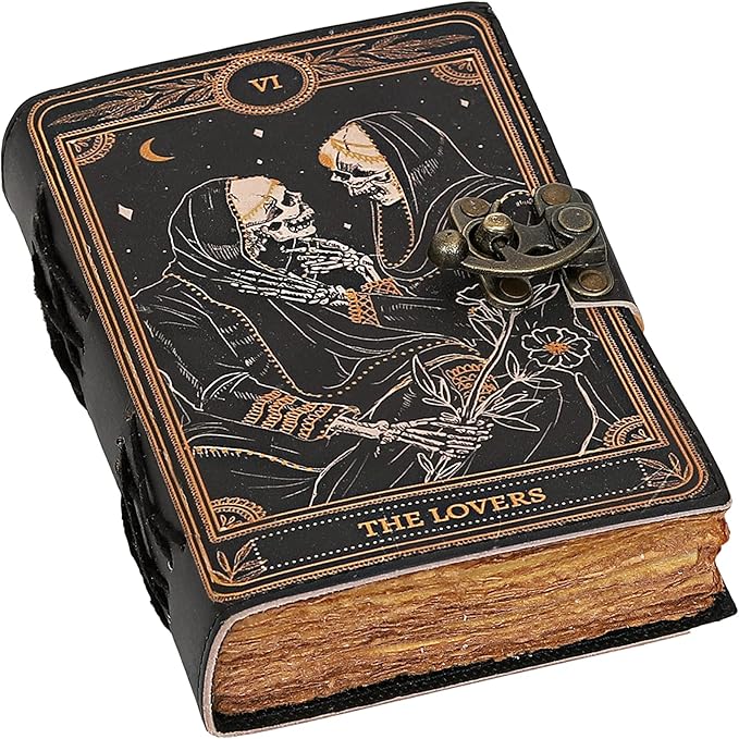 cuero Book of Spells Leather Journal Deckle Edge Paper Grimoire Printed Journal The Lovers Tarot Notebook Spiral Gothic Notebook Skull lover Antique Vintage Leather Journals for Men and Women