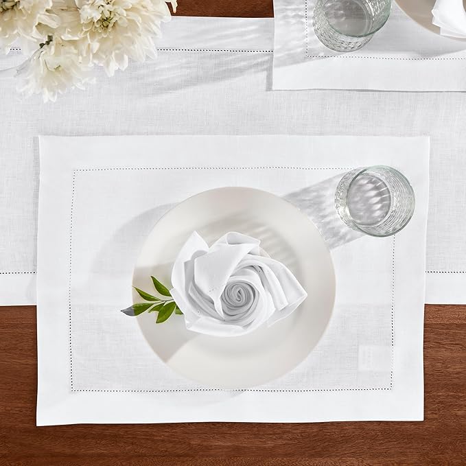 Linen Table Runner 48 inches – 100% Pure Linen Off White Medium Weight Hemstitch Table Runner 14 x 48 Inch – Ideal for Dresser and Coffee Tables, Spring, Summer, Wedding Gift – Azure