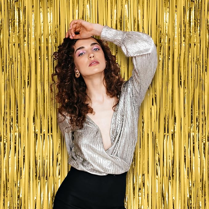 2 Pack Gold Foil Fringe Backdrop Curtains, Tinsel Streamers Birthday Party Decorations, Fringe Backdrop for Graduation, Baby Shower, Gender Reveal, Disco Party