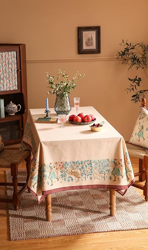 patdrea Designer Beige Extra Long Tablecloth for Rectangle Table,Vintage French Linen Trees Pattern Table Cloth,Decoration Cover for Kitchen Dining Christmas,Thanksgiving,63"x110"-Tatiana D