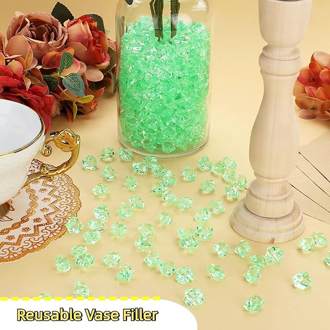 YATOJUZI 500pcs Fake Ice Cubes Green Acrylic Crushed Rocks Vase Fillers Plastic Diamonds Gems for DIY Party Wedding Centerpiece Table Scatter Prop Display 0.5" (Only Green)