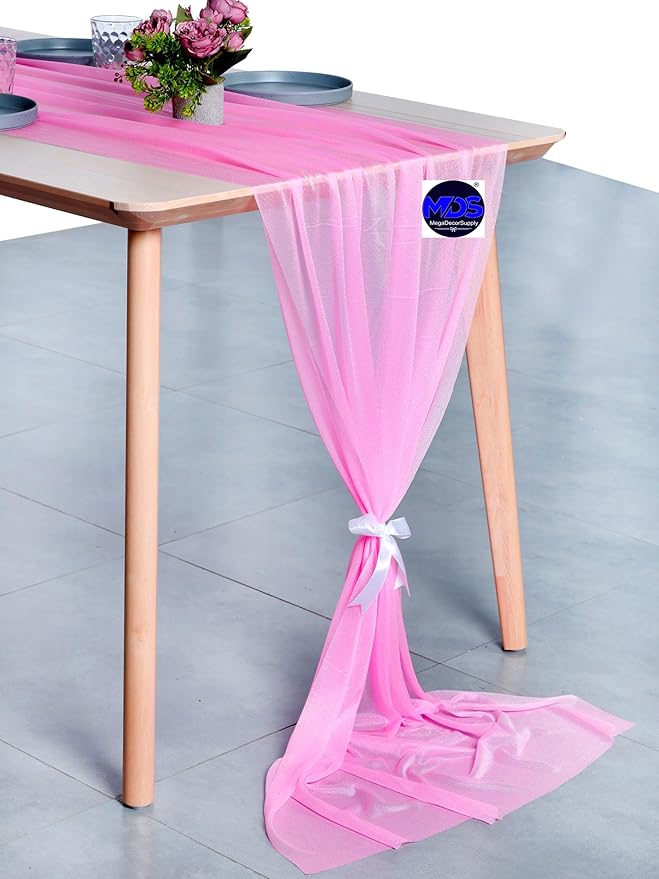 MDS 2 Pack 10ft Chiffon Table Runner 29 x 120 Inches Sheer Wedding Runner Romantic Rustic Table Runner for Wedding Decorations, Birthday Parties, Bridal Shower Party Arch Decor - Bubblegum Pink
