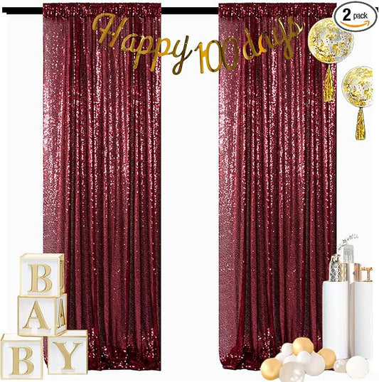 ShinyBeauty Glitter Burgundy Backdrop Curtains 2 Panels 4Ftx7Ft Sequin Curtain Photobooth Backdrops,Wine Wedding,Party,Birthday Wall Background
