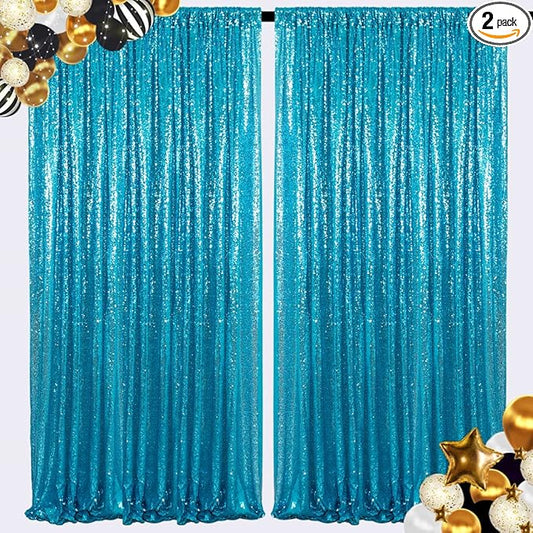ShiDianYi Sequin Backdrop Turquoise 2 Panels 4FTx10FT Backdrops for Photograph Aqua Blue Sequin Photo Backdrop for Birthday Sparkle Wedding Drapery Glitter Background