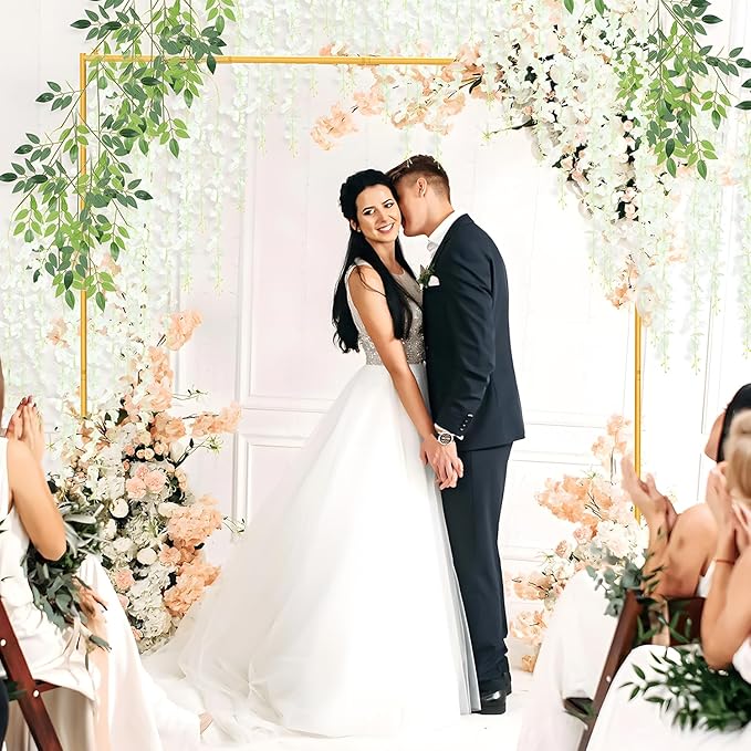 Backdrop Stand, 6.6FT x 6.6FT Backdrop Stand Heavy Duty, Gold Pipe and Drape Stand with Base Square Metal Arch Frame for Wedding, Birthday Party, Baby Shower Decorations