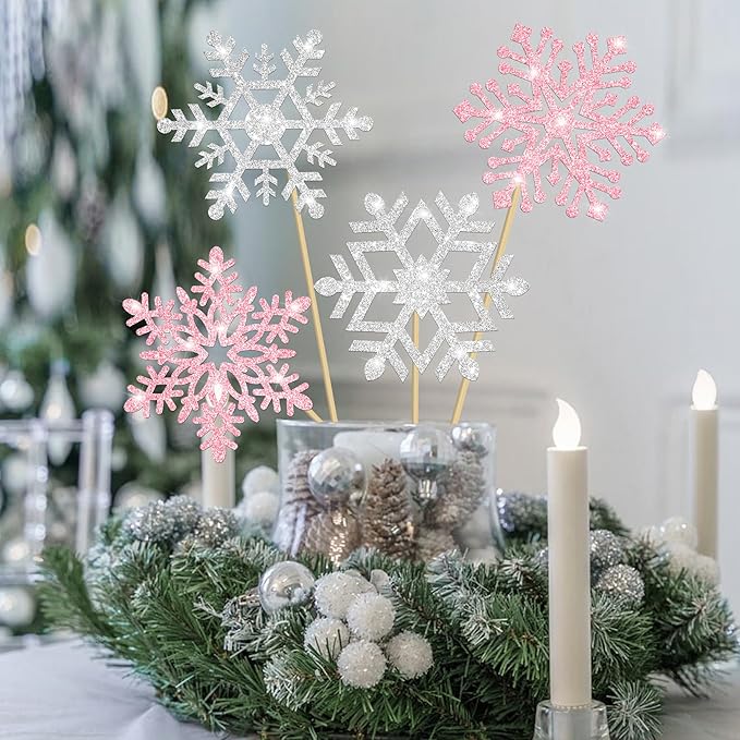 Snowflake Centerpiece Sticks Winter Frozen Theme Party Decorations 12PCS Glitter Snowflakes Table Toppers Ice Snowflake Centerpieces for Christmas Holiday Birthday Party Baby Shower Supplies