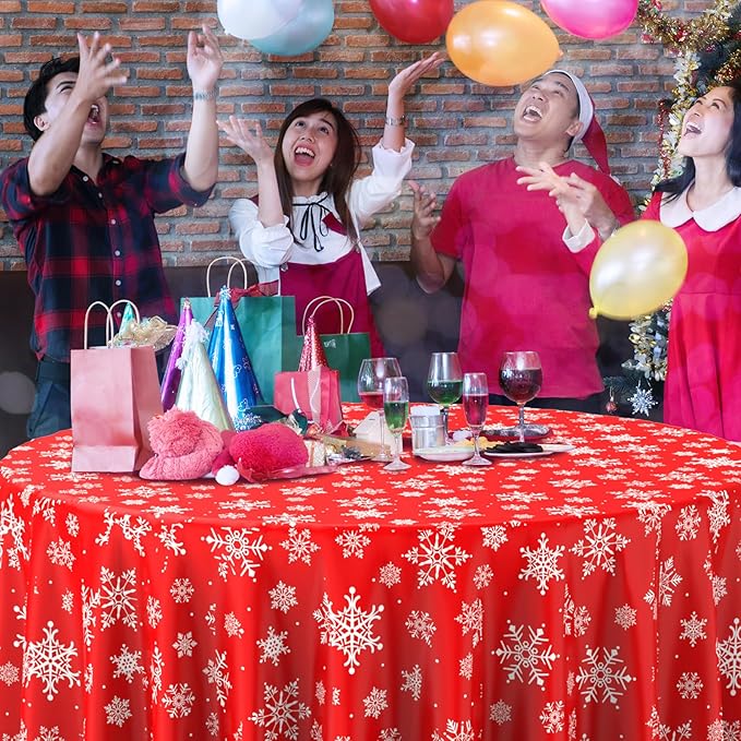 6 Pieces Christmas Snowflake Plastic Party Tablecloth Decorations, Disposable White Snowflake Red Xmas Round Table Cover Backdrop for Winter Christmas Holiday New Year Party Supplies,84 inch (Red)