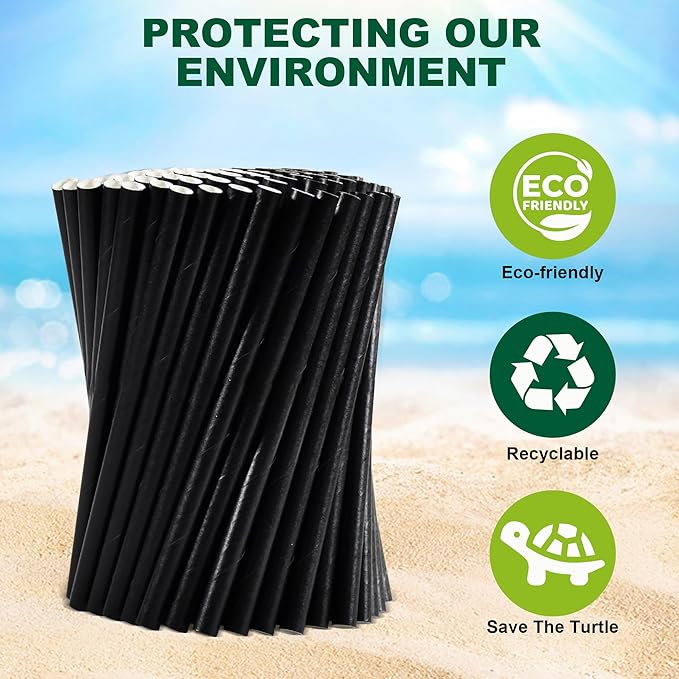 5.75 inch 8mm Wide Short Black Paper Drinking Straws Disposable for Lowball Glasses, Blended Cocktails, Margaritas, Bars, Restaurants - Unwrapped [250 Counts]