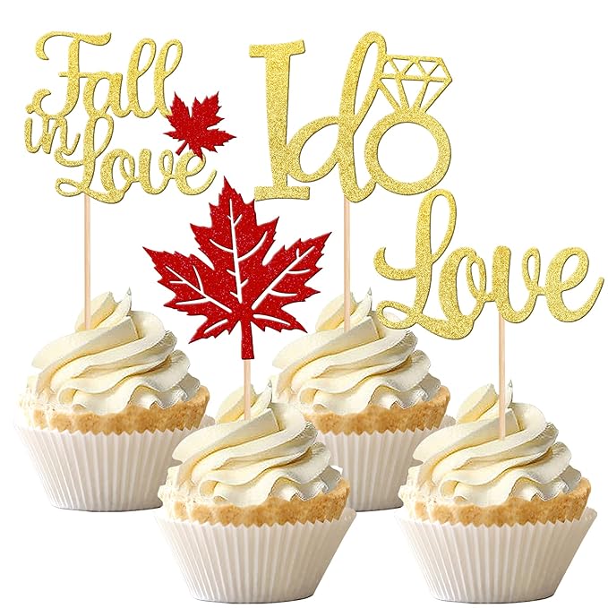 24 PCS Fall in Love Cupcake Toppers Glitter Maple Leaves Love I Do Cupcake Picks Fall Theme Wedding Cake Decorations for Bridal Shower Engagement Thanksgiving Birthday Party Supplies
