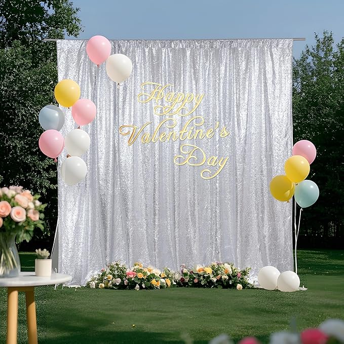 SquarePie Sequin Backdrop Not See Through Thick Background Glitter Curtain Party 7FT x 7FT Silver