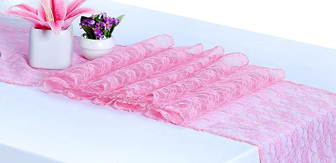 MDS Pack of 10 Wedding 12 x 108 inches Lace Table Runner for Wedding, Decorations for Birthday Parties, Banquets, Graduations, Engagements, and Runners fit Rectangle, Round Table- Pink