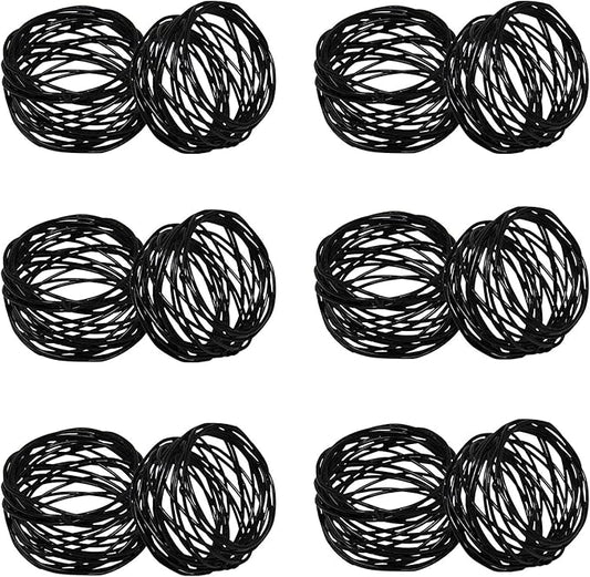 Handmade Round Mesh Black Napkin Rings Holder for Dinning Table Parties Everyday, Set of 12