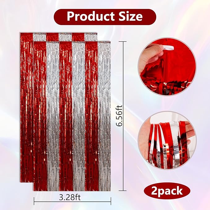 BEISHIDA Red Silver Door Streamers Backdrop Foil Fringe Tinsel Party Streamers Curtains Photo Backdrop - 2Pcs for Birthday Graduation Christmas Party Decoations