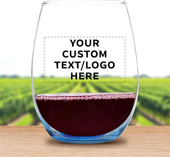 Custom Stemless Wine Glass 9 oz. Set of 100, Personalized Bulk Pack - Great for Wedding Favors, Bachelorette Party Decorations, Party Favors, Color Bottom - Blue