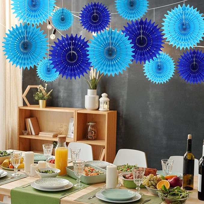 BestoFun 12PCS Paper Fans Blue Party Decorations Tissue Paper Flowers Decorations for Girl Groovy Birthday Baby Shower Wedding Bachelorette Room Wall Hanging Décor