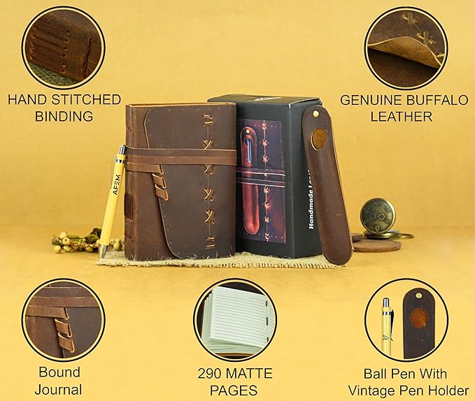 Leather Journal Notebook for Men & Women Daily Vintage Leather Bound Journal Travel Notebook 290 Lined Paper Diary Writing Journal Travelers Scrapbook Poetry Sketchbook Leather Gifts with Pen Holder