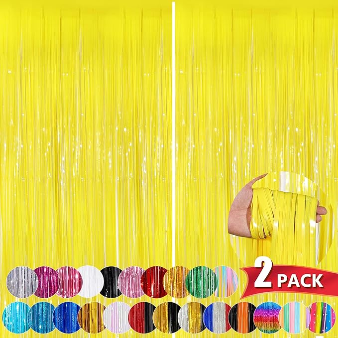 Macaron Yellow Metallic Tinsel Foil Fringe Curtains, 2 Pack 3.3x8.3 Feet Party Streamer for Birthday Party Decorations, Halloween Decor, Foil Curtain for Bachelorette Party