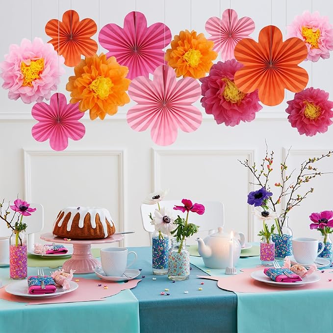 12PCS Paper Flowers Fans Orange and Hot Pink Party Decorations Tissue Paper Flowers Decorations for Girl Groovy Birthday Baby Shower Wedding Bachelorette Room Wall Hanging Décor