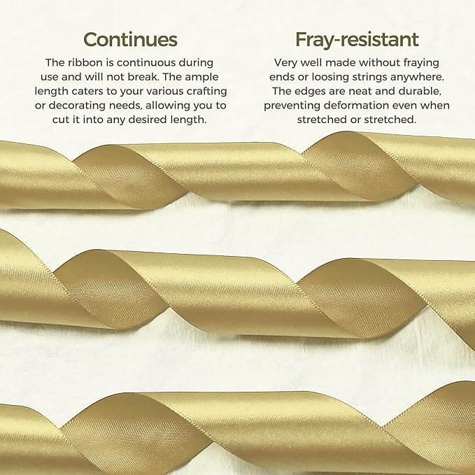 Light Gold Satin Ribbon 3/8 inch X Continuous 50 Yards, Single Face Polyester Ribbon Perfect for Gift Wrapping, Flower Bouquet, Wedding Decor, Crafts, Bow Making, Sewing and More