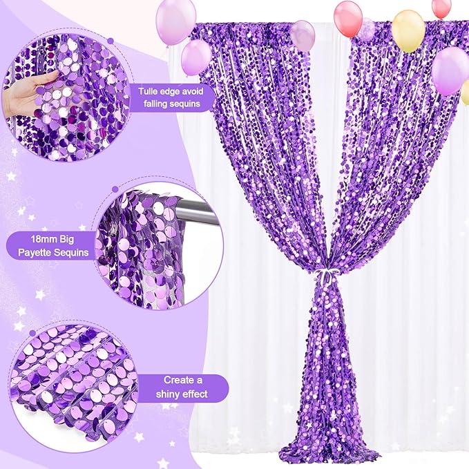 Backdrop Curtains 2 Packs 4x8FT Purple Party Theme Decoration Wedding Sequin Background