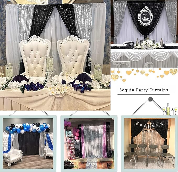 Sequin Backdrop Curtains 2FTx8FT 4 Panels Glitter Drapes Sparkly Photography Background for Wedding Birthday Party Bridal Baby Shower (Silver x 2+Black x 2)