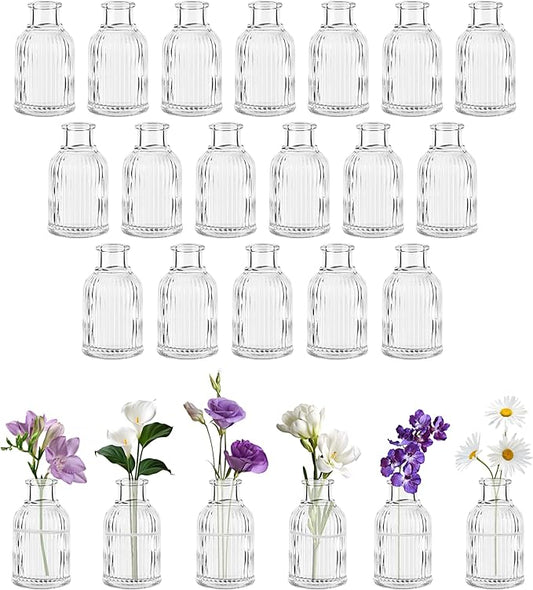 Glass Bud Vases Set of 24, Small Flower Vase in Bulk, Clear Mini Ribbed VaseS for Centerpieces, Modern Wedding Reception Table Decorations