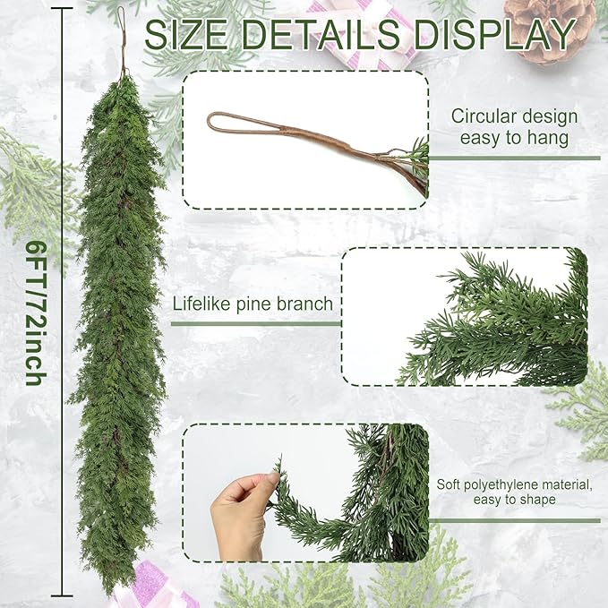 Artgar 6 Ft Christmas Garland - Cedar Garland - Cypress Garlands - Real Touch Pine Garlands - Garland Christmas Decorations for Home Dining Table Mantel Porch Winter Christmas Decor