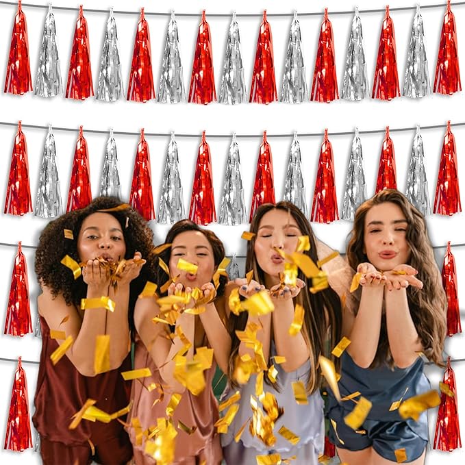 4P Red Silver Foil Fringe Tassel Banner Garland Metallic Tinsel Streamers Wall Hanging Curtain Backdrop Banner for Parade Floats, 2024 Graduation Decorations, Father's Day, Wedding Party Decoration