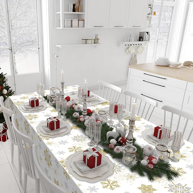 12Pcs Christmas Snowflake Party Tablecloths Decorations,Plastic White and Gold Table Cloth,Winter Rectangle Table Cover for Christmas New Year Birthday Baby Shower Holiday Party Decorations,54x108inch