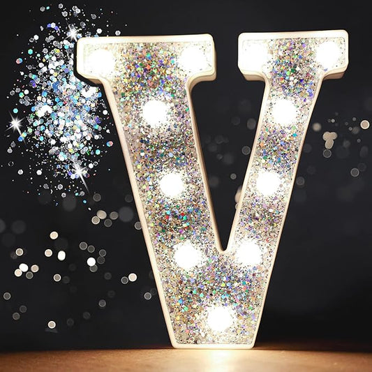 Pooqla Light Up Letters, LED Marquee Letters for Silver Birthday Decorations, Battery Powered Night Light Teenager Girl Room Decor, Gift for Girls Boys Wedding Bedroom Christmas Party Decor, Letter V